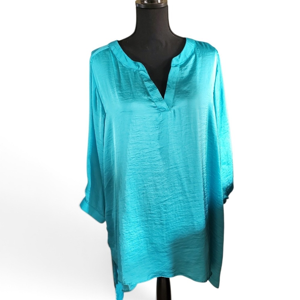 Avenue Womens Teal Blue Silky Hammered Tunic Blouse High Low Hem Plus Size 18/20